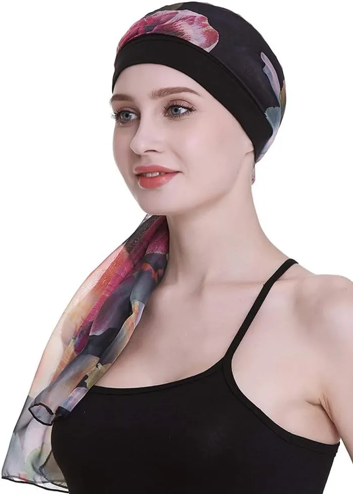 Elegant Chemo Cap with Silky Scarfs for Cancer Women Hair Loss Sleep Beanie