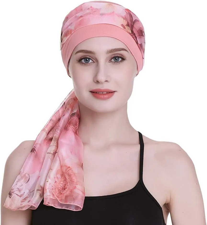 Elegant Chemo Cap with Silky Scarfs for Cancer Women Hair Loss Sleep Beanie