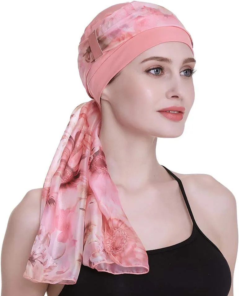 Elegant Chemo Cap with Silky Scarfs for Cancer Women Hair Loss Sleep Beanie