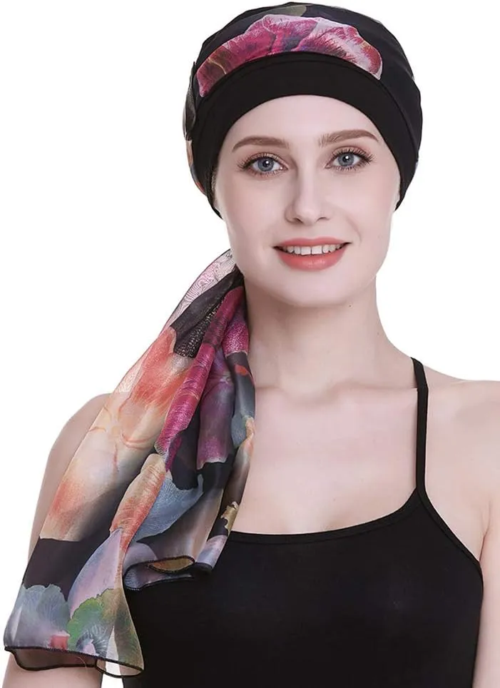 Elegant Chemo Cap with Silky Scarfs for Cancer Women Hair Loss Sleep Beanie