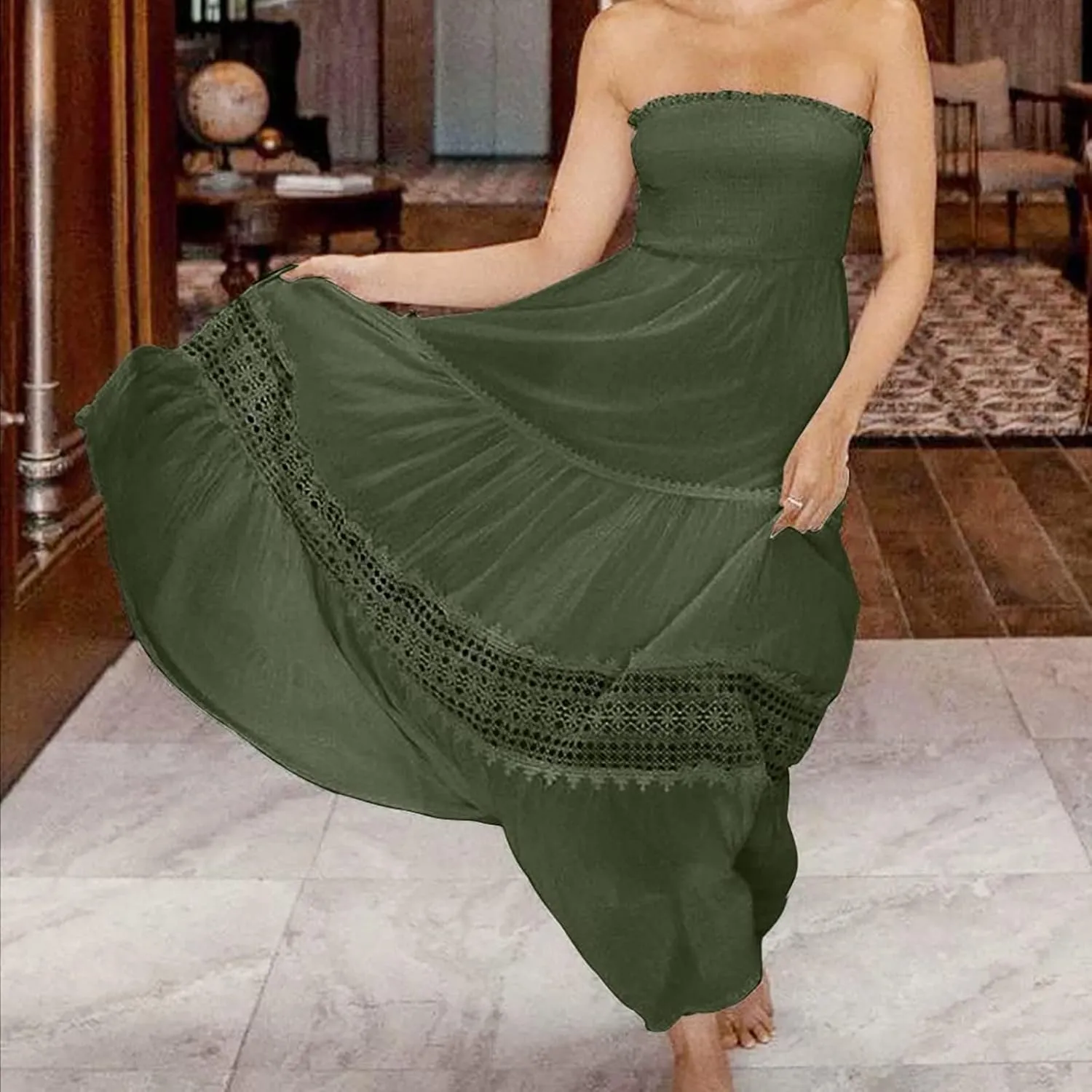 Elegant Midi Skirts for Women Fashion Off Shoulder Dress Sleeveless Lace Printed Hollow Out Dress Crewneck Party