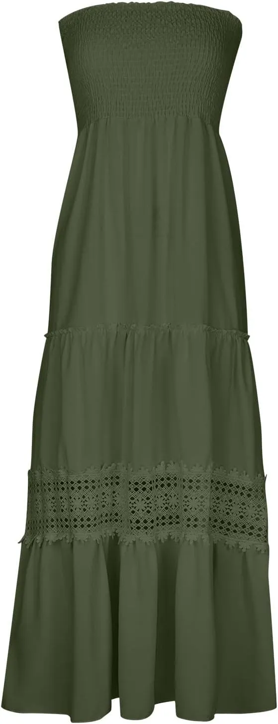 Elegant Midi Skirts for Women Fashion Off Shoulder Dress Sleeveless Lace Printed Hollow Out Dress Crewneck Party