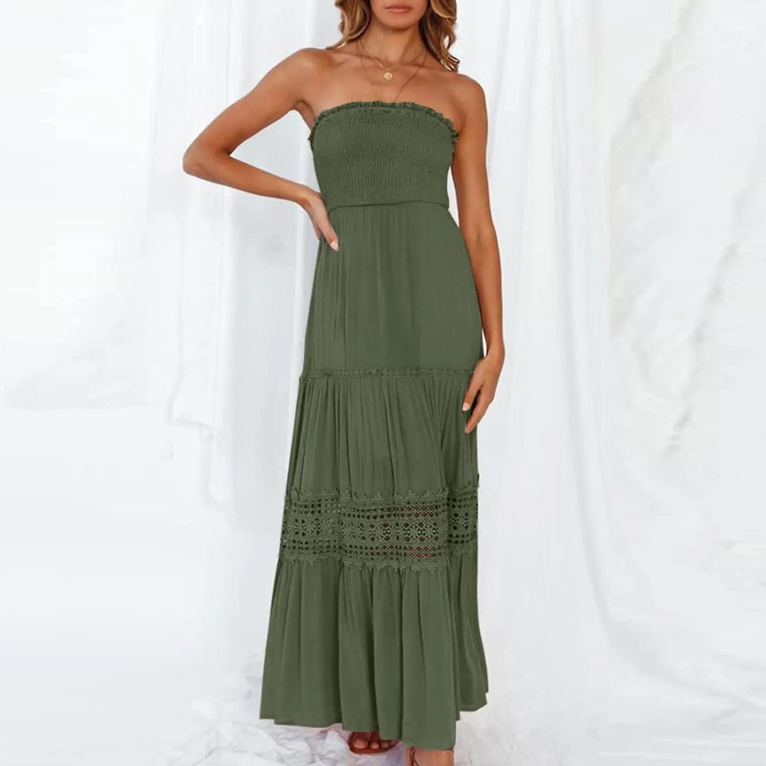 Elegant Midi Skirts for Women Fashion Off Shoulder Dress Sleeveless Lace Printed Hollow Out Dress Crewneck Party