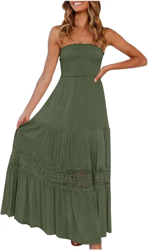 Elegant Midi Skirts for Women Fashion Off Shoulder Dress Sleeveless Lace Printed Hollow Out Dress Crewneck Party
