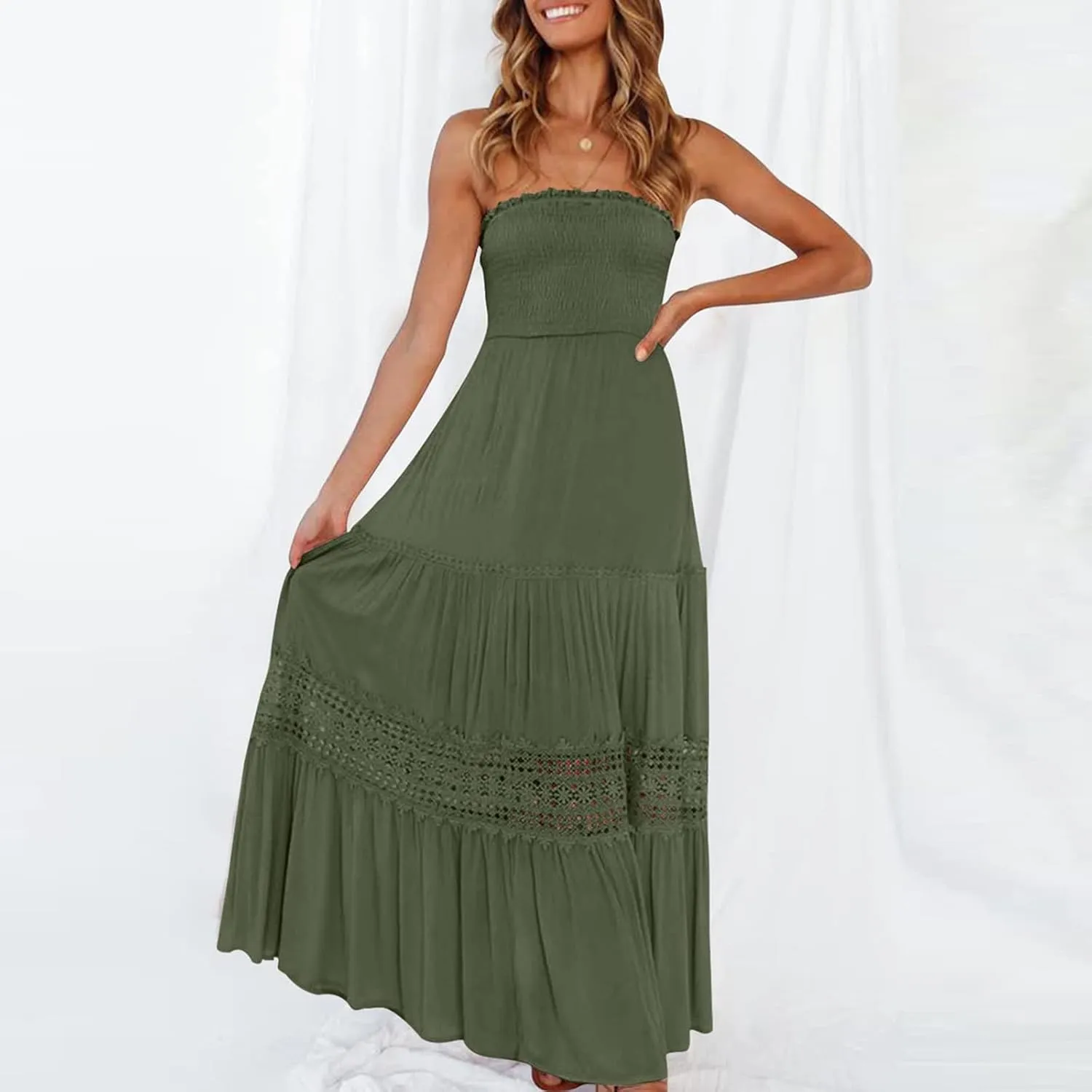 Elegant Midi Skirts for Women Fashion Off Shoulder Dress Sleeveless Lace Printed Hollow Out Dress Crewneck Party