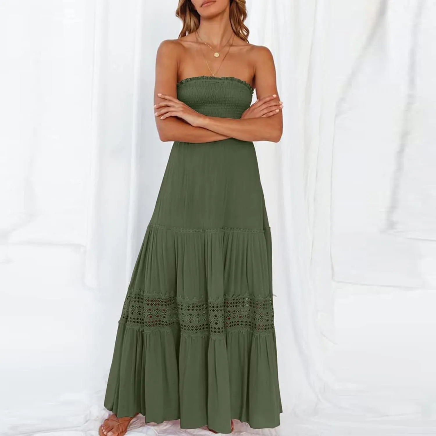 Elegant Midi Skirts for Women Fashion Off Shoulder Dress Sleeveless Lace Printed Hollow Out Dress Crewneck Party
