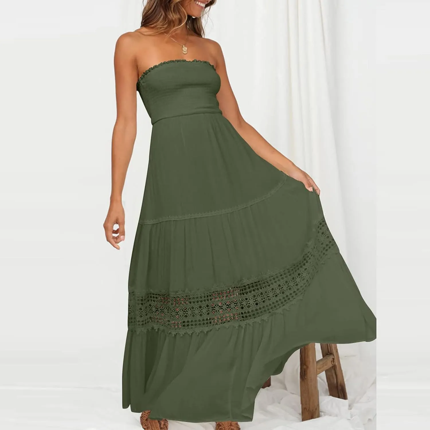 Elegant Midi Skirts for Women Fashion Off Shoulder Dress Sleeveless Lace Printed Hollow Out Dress Crewneck Party