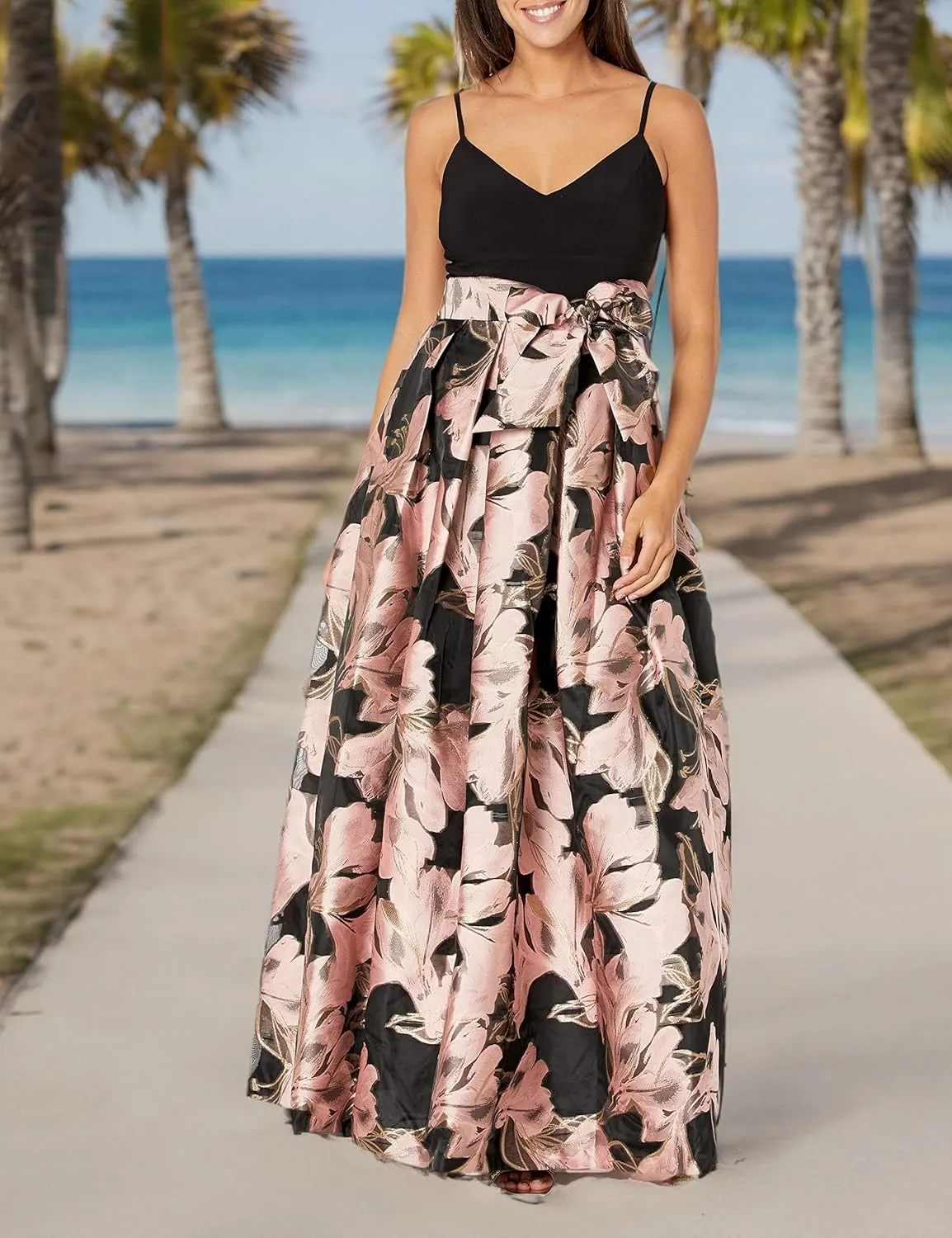 Eliza J Women's Gown Style Floral Jacquard Spaghetti Strap Vneck Dress