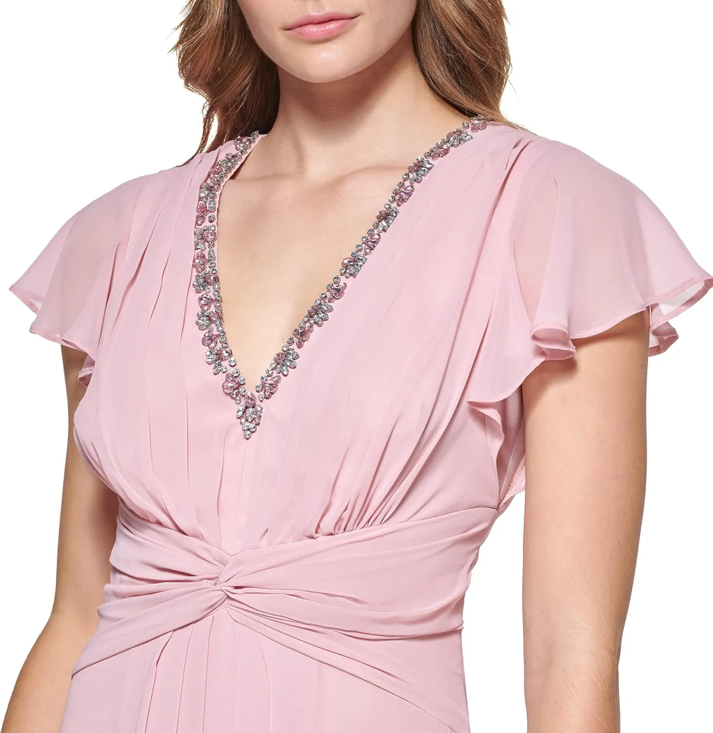 Eliza J Women's Gown Style Twist Waist Chiffon Flutter Sleeve Beaded Vneck Dress