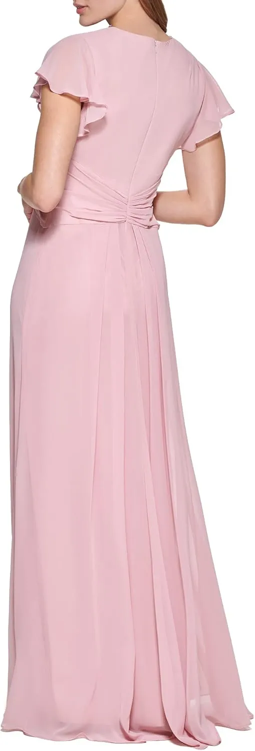 Eliza J Women's Gown Style Twist Waist Chiffon Flutter Sleeve Beaded Vneck Dress