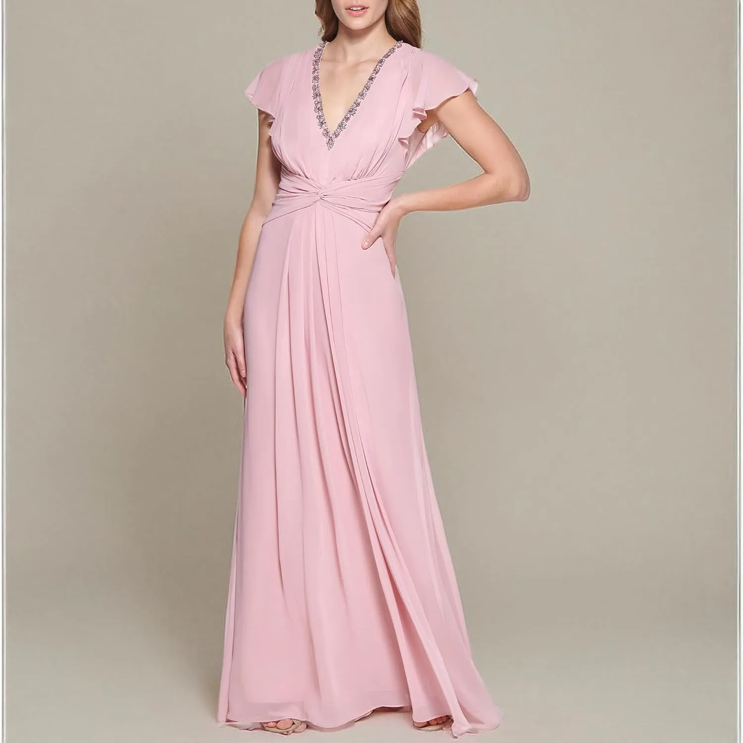 Eliza J Women's Gown Style Twist Waist Chiffon Flutter Sleeve Beaded Vneck Dress