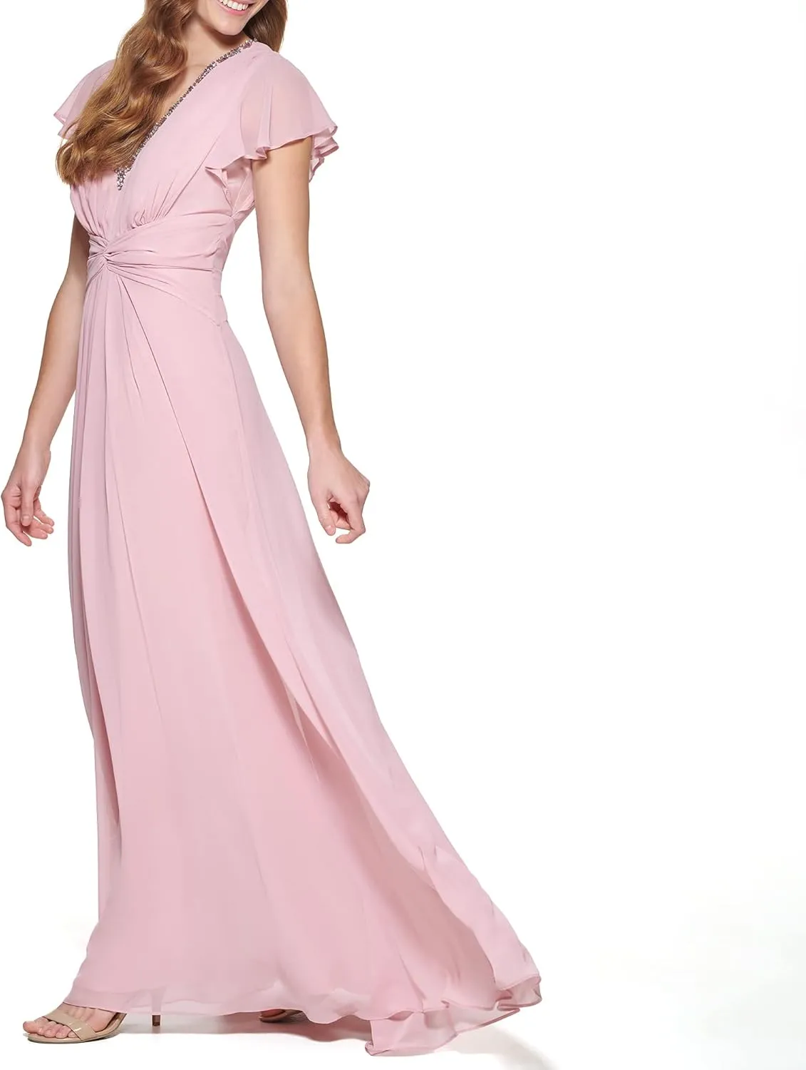 Eliza J Women's Gown Style Twist Waist Chiffon Flutter Sleeve Beaded Vneck Dress