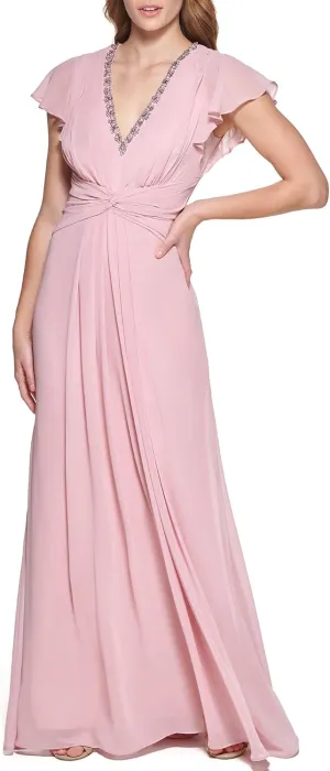 Eliza J Women's Gown Style Twist Waist Chiffon Flutter Sleeve Beaded Vneck Dress