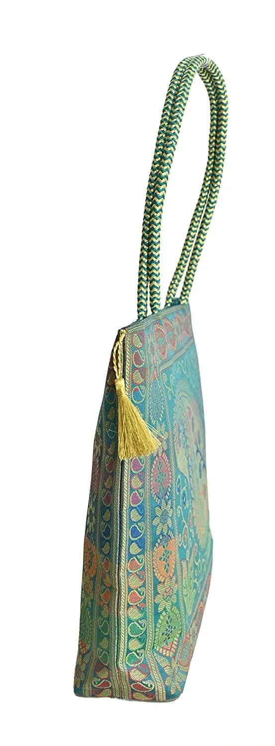 Embroidery Silk Handicraft Hand Bag, Shoulder, Tote Bag For Ladies (13 x 11.5 x 7.5 Inches, Leaves & Flower, Green Color)