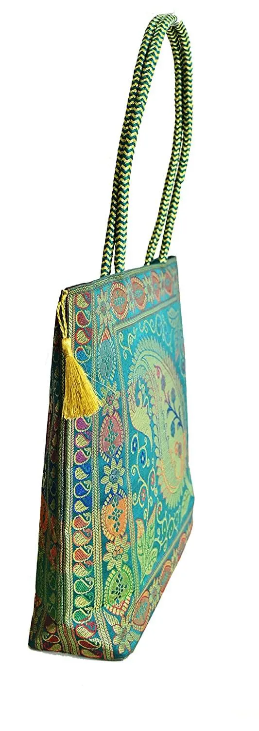 Embroidery Silk Handicraft Hand Bag, Shoulder, Tote Bag For Ladies (13 x 11.5 x 7.5 Inches, Leaves & Flower, Green Color)