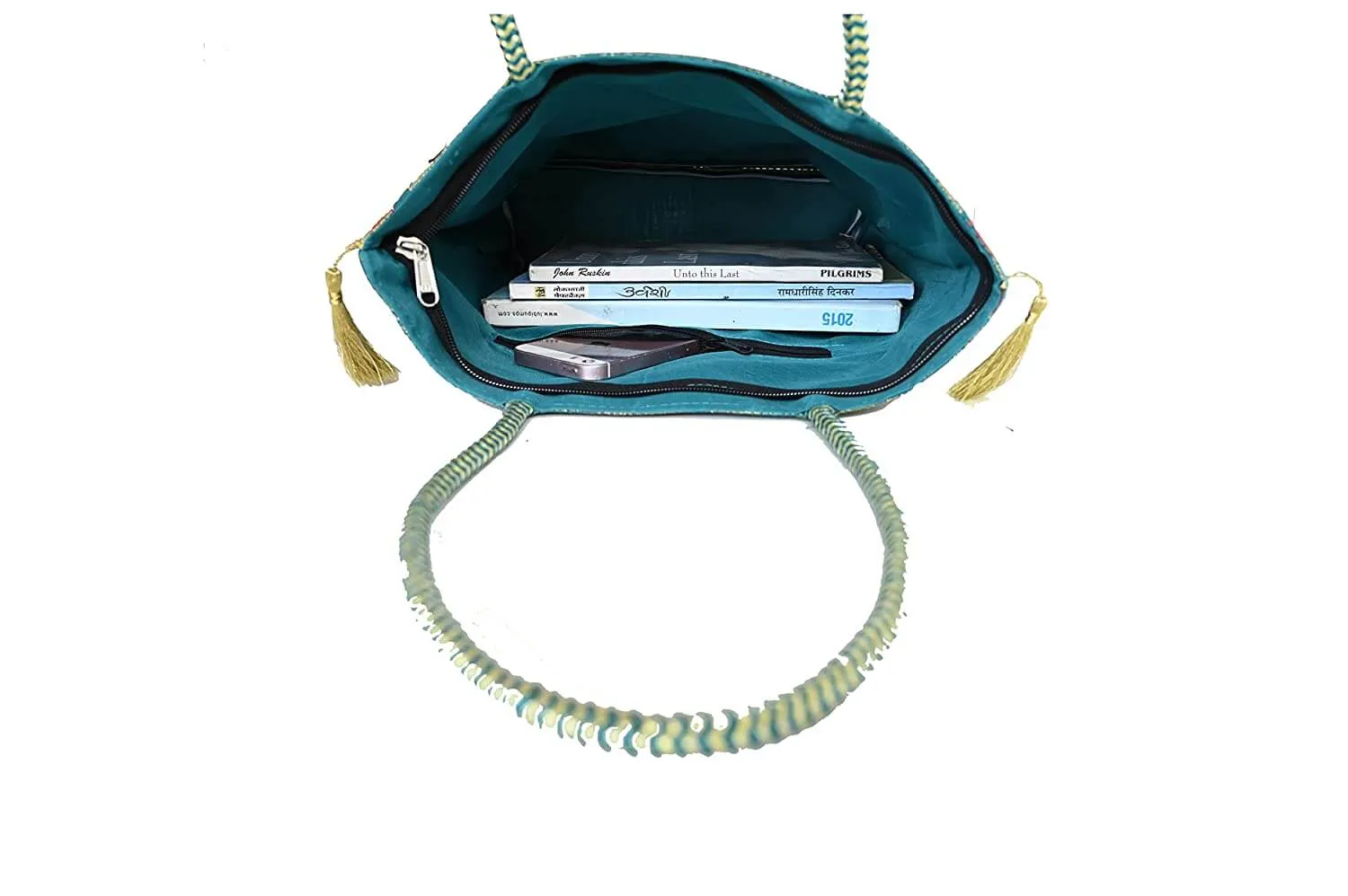 Embroidery Silk Handicraft Hand Bag, Shoulder, Tote Bag For Ladies (13 x 11.5 x 7.5 Inches, Leaves & Flower, Green Color)