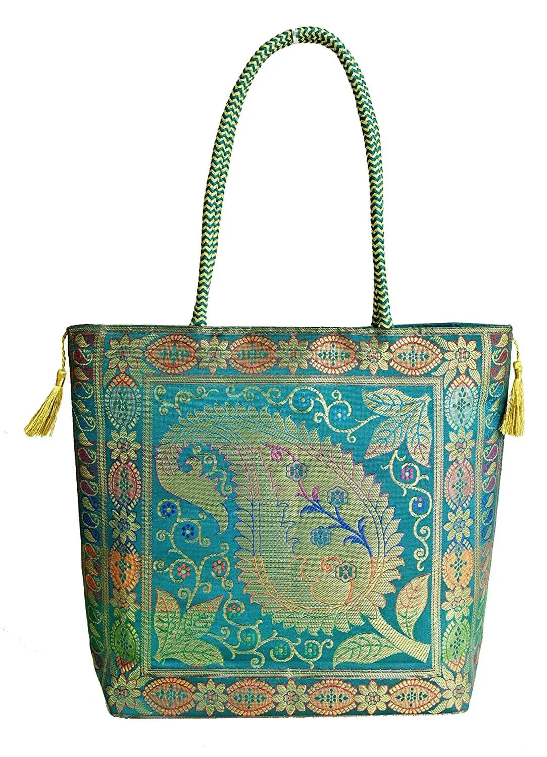Embroidery Silk Handicraft Hand Bag, Shoulder, Tote Bag For Ladies (13 x 11.5 x 7.5 Inches, Leaves & Flower, Green Color)