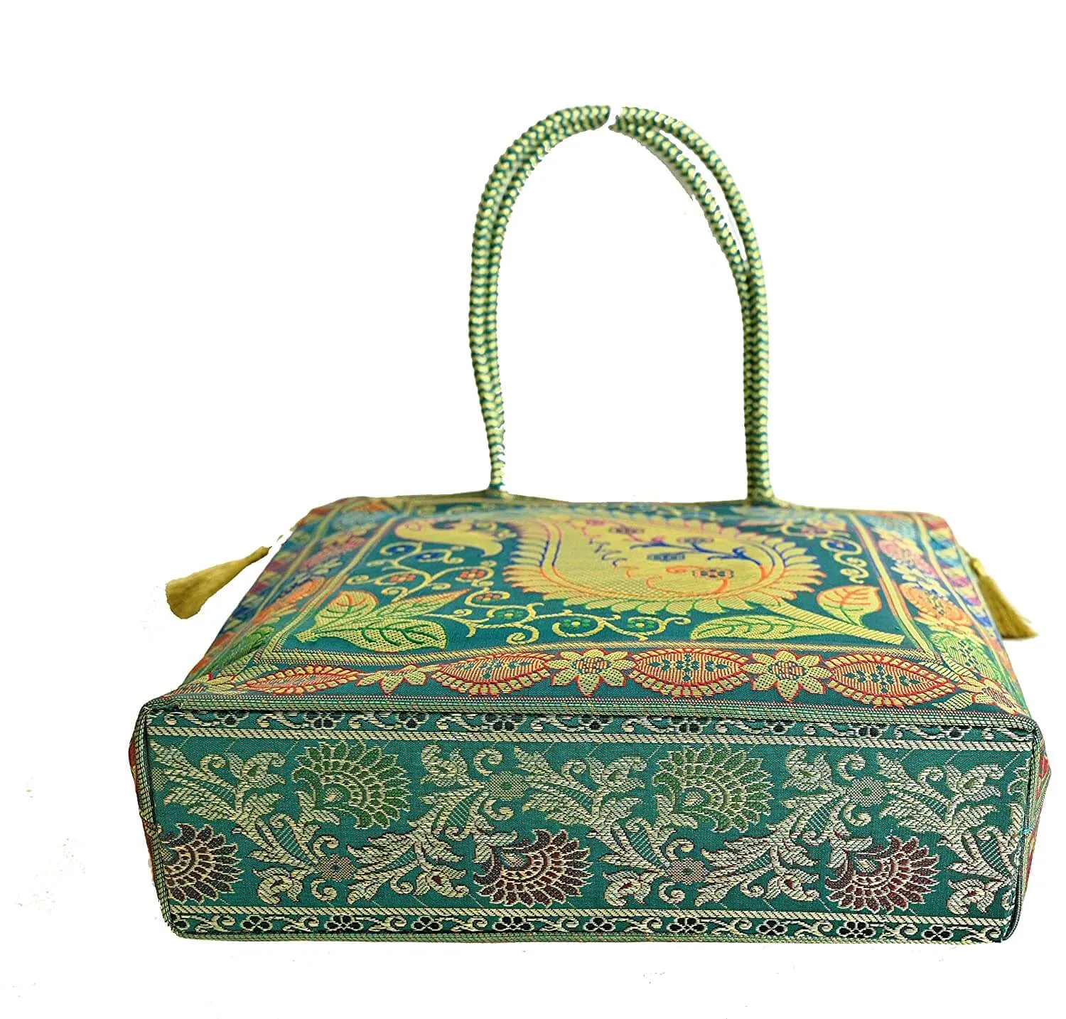 Embroidery Silk Handicraft Hand Bag, Shoulder, Tote Bag For Ladies (13 x 11.5 x 7.5 Inches, Leaves & Flower, Green Color)