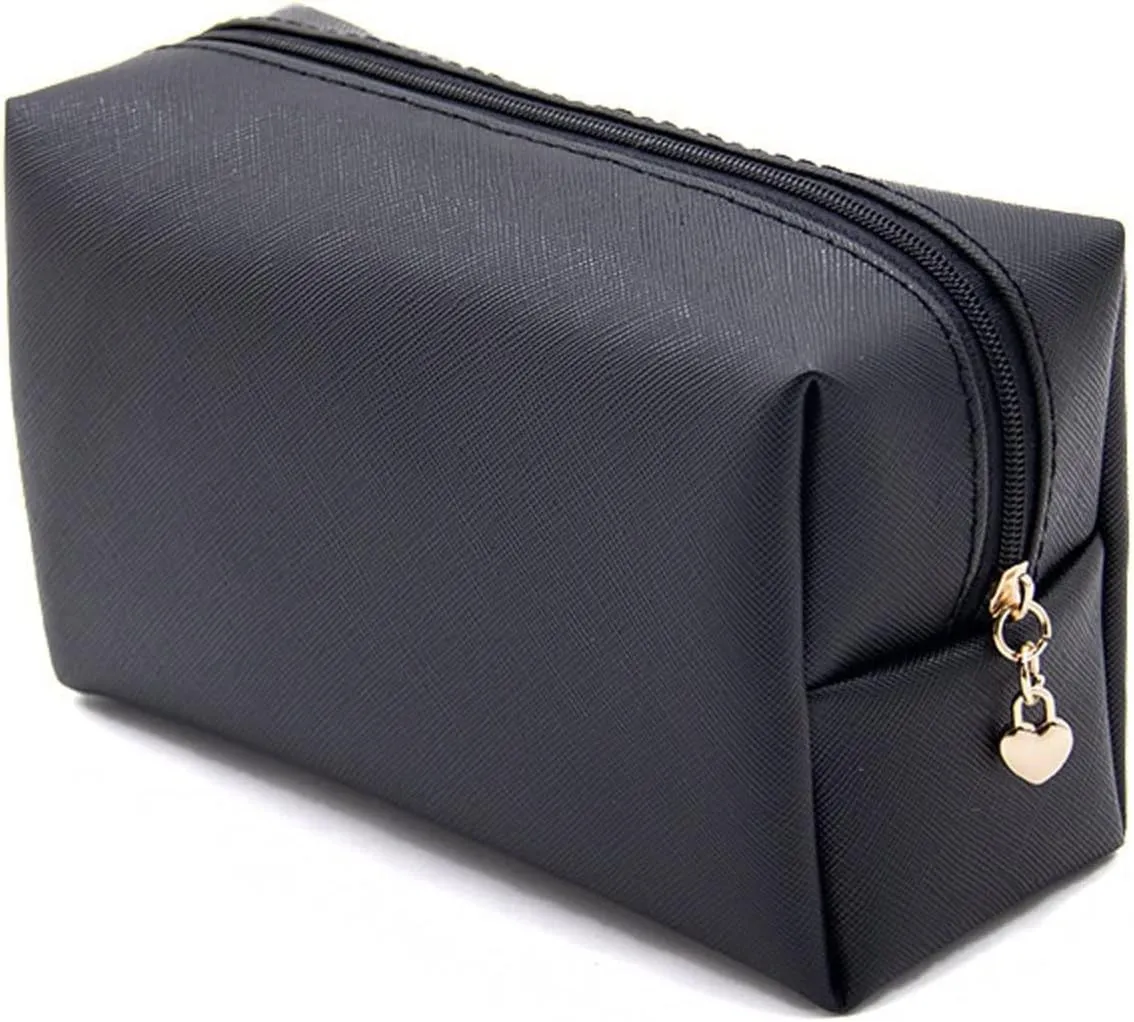 Embroidery Small Makeup PU Leather Travel Cosmetic Pouch Toiletry Bag for Women Portable Water-Resistant (Black)