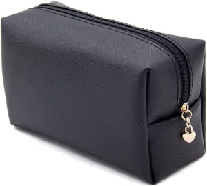 Embroidery Small Makeup PU Leather Travel Cosmetic Pouch Toiletry Bag for Women Portable Water-Resistant (Black)
