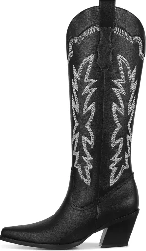 Erocalli Women's Cowboy Boots Cowgirl Boots White Knee High Boots Embroidered Chunky Block Heel Pointed Toes Side Zipper Western Boots