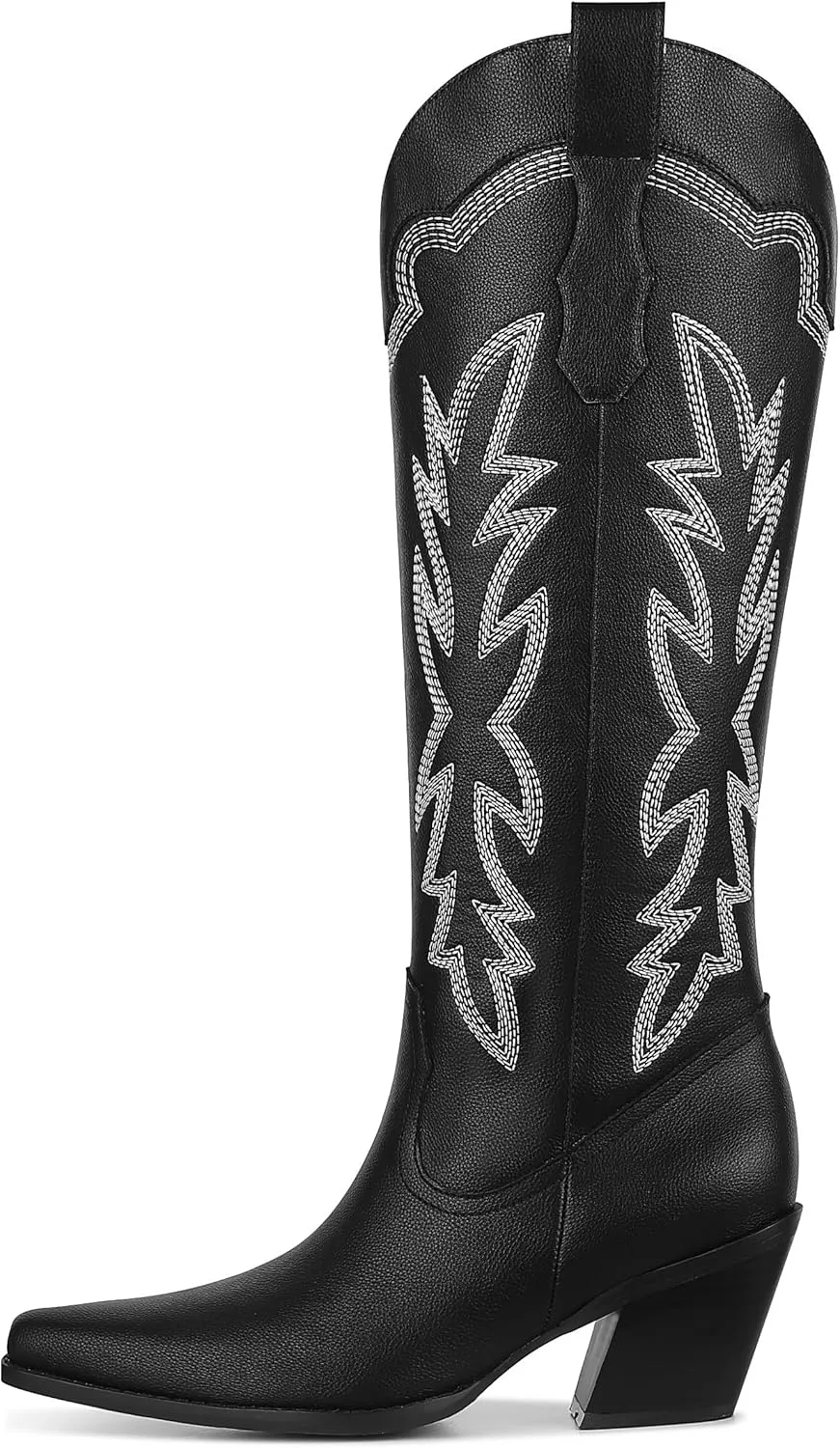 Erocalli Women's Cowboy Boots Cowgirl Boots White Knee High Boots Embroidered Chunky Block Heel Pointed Toes Side Zipper Western Boots