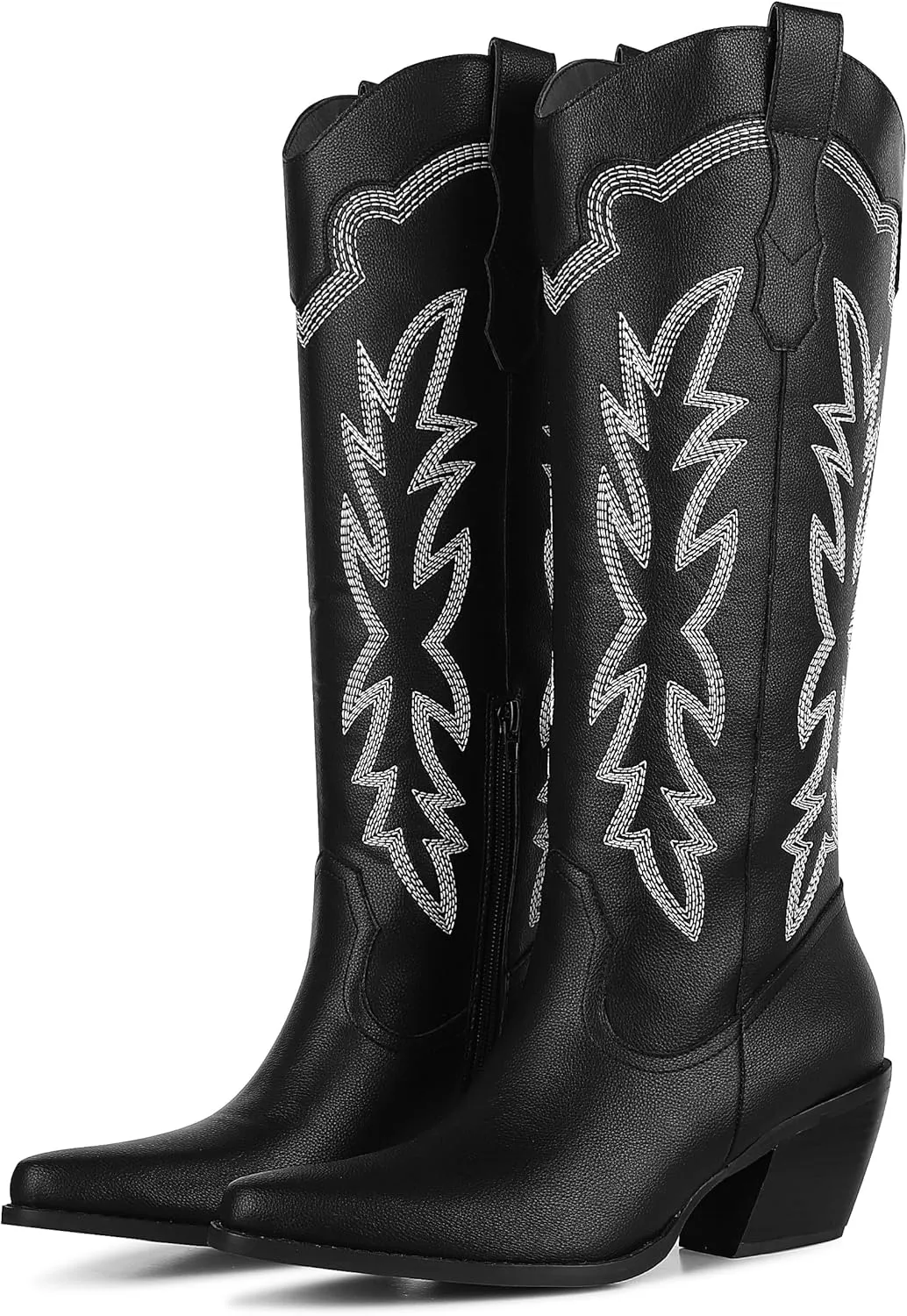 Erocalli Women's Cowboy Boots Cowgirl Boots White Knee High Boots Embroidered Chunky Block Heel Pointed Toes Side Zipper Western Boots