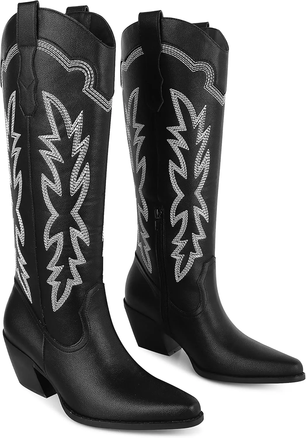 Erocalli Women's Cowboy Boots Cowgirl Boots White Knee High Boots Embroidered Chunky Block Heel Pointed Toes Side Zipper Western Boots