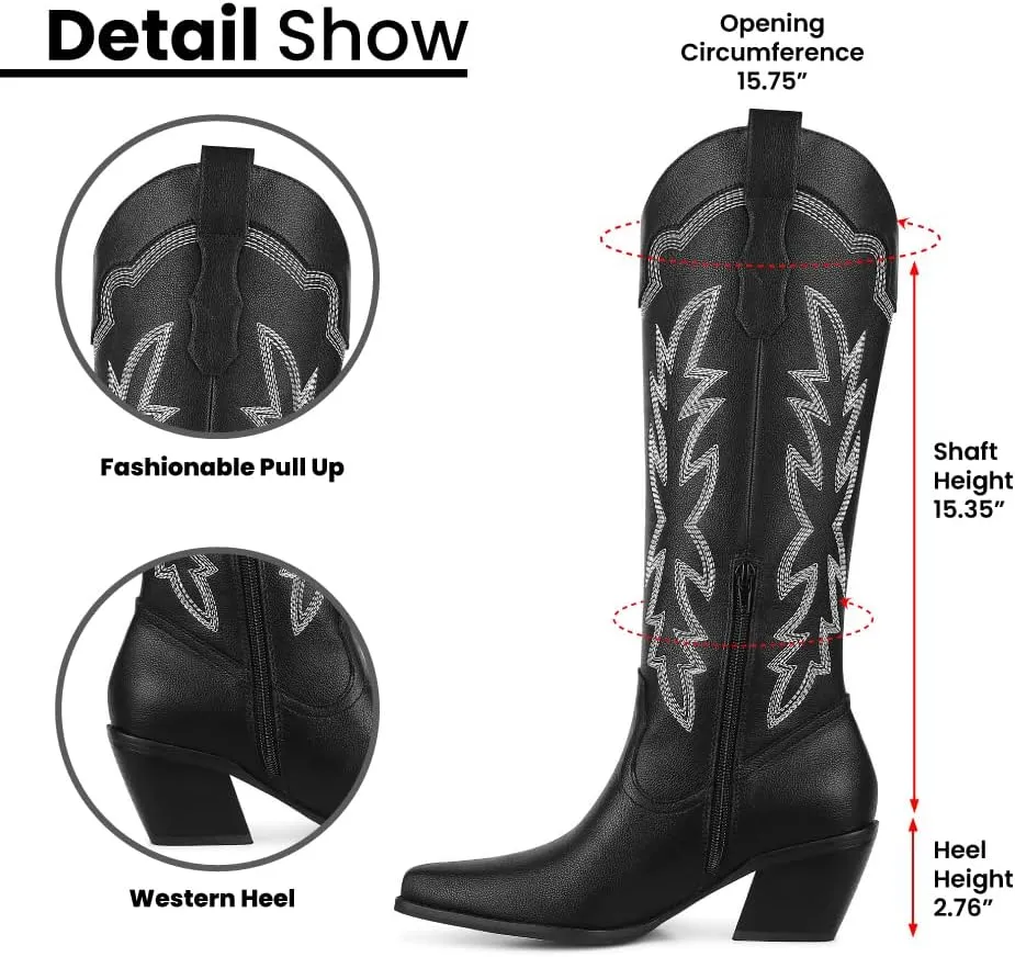 Erocalli Women's Cowboy Boots Cowgirl Boots White Knee High Boots Embroidered Chunky Block Heel Pointed Toes Side Zipper Western Boots
