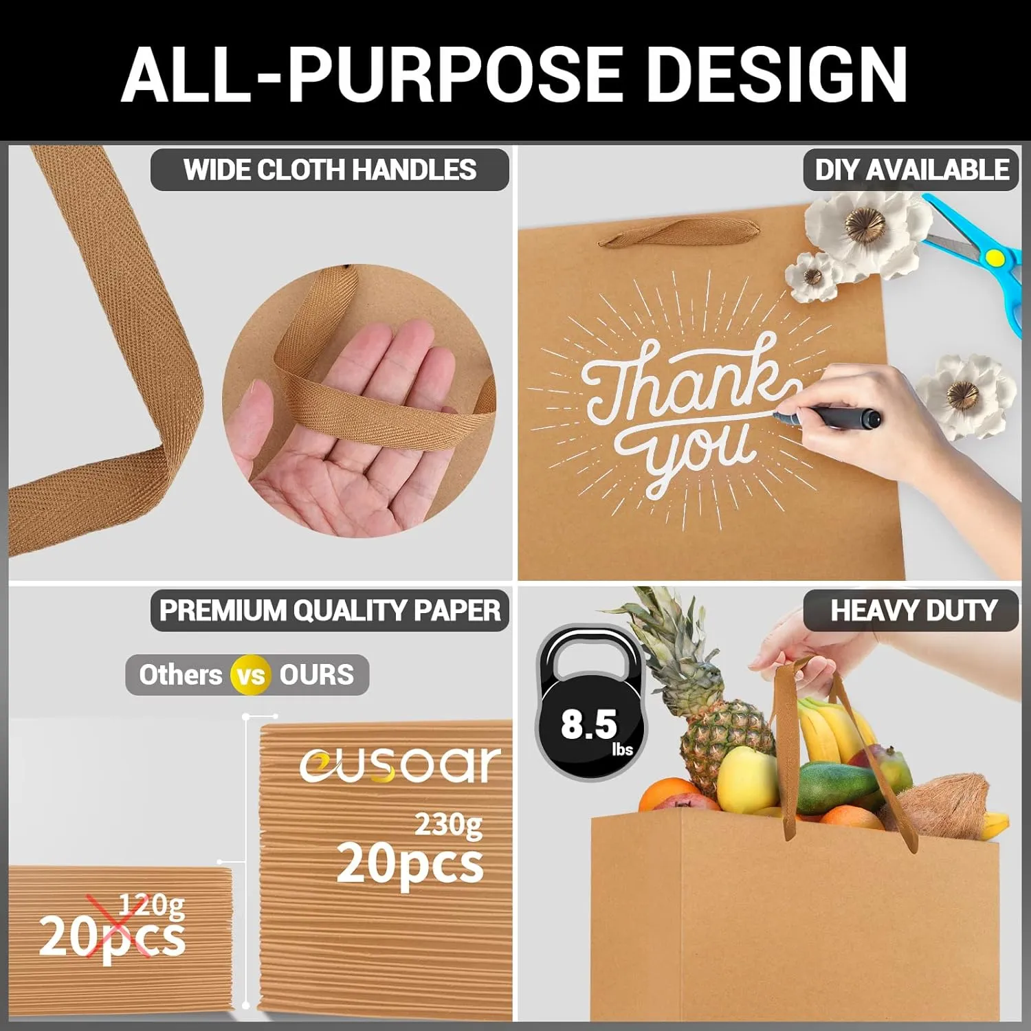 EUSOAR Gift Wrap Bags with Handles, 20 Pack 10.6x3.1x8.3 inches Small Kraft Paper Bags in Bulk, Heavy Duty Totes for Wedding, Grocery, Boutique, Retail, Business, Party Favors Birthdays