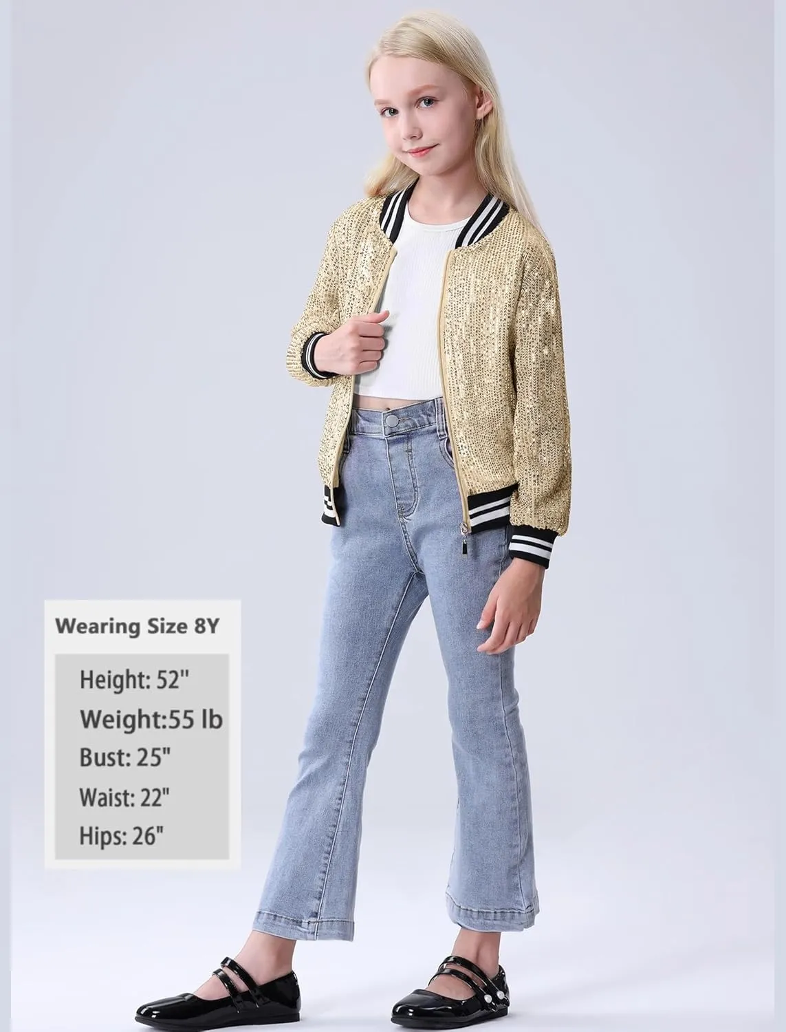 EXARUS Girls Sparkle Sequin Jacket with Pockets Glitter Lightweight Zipper Long Sleeve Bomber Jackets for Kid 6-12Y