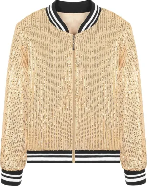 EXARUS Girls Sparkle Sequin Jacket with Pockets Glitter Lightweight Zipper Long Sleeve Bomber Jackets for Kid 6-12Y