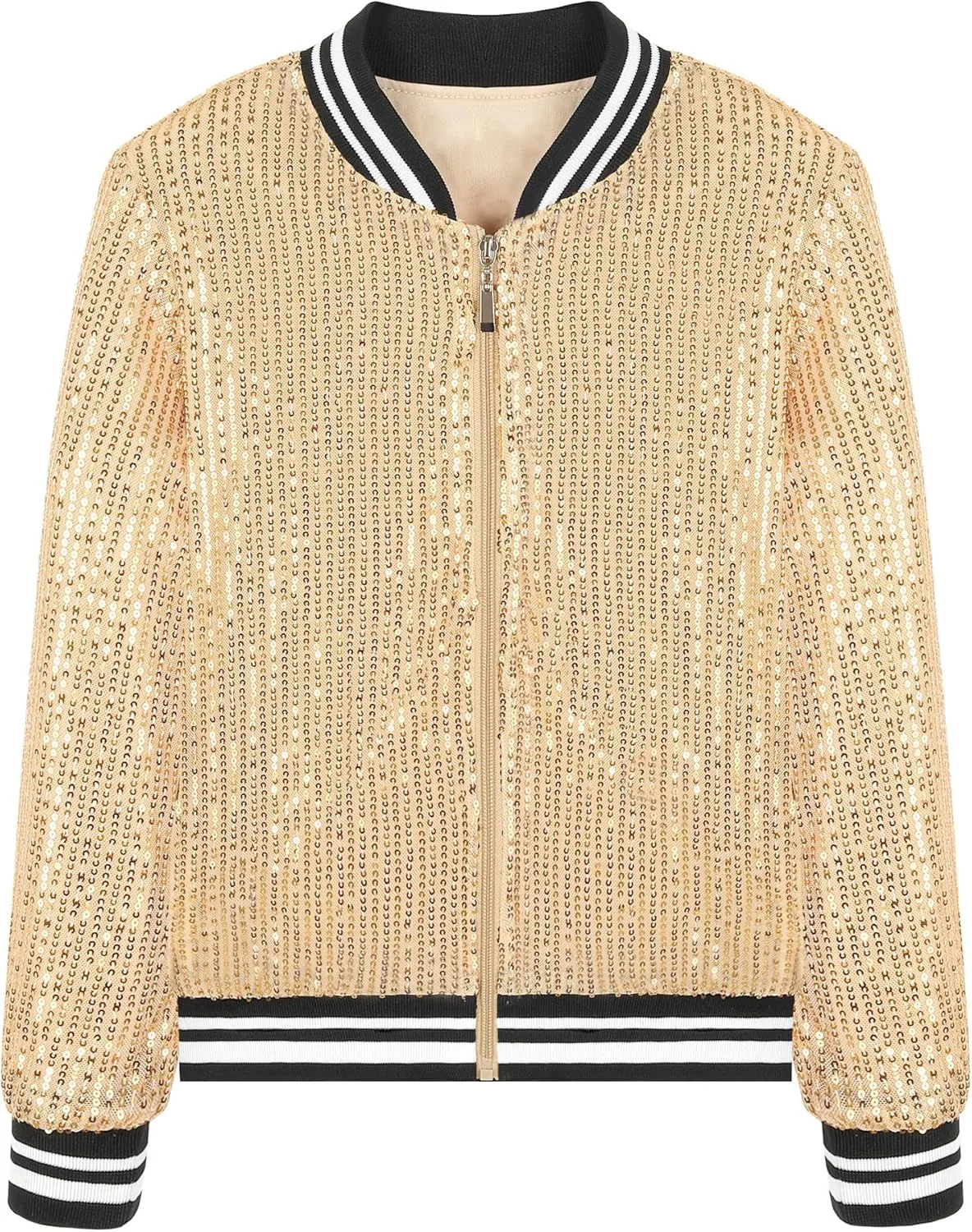 EXARUS Girls Sparkle Sequin Jacket with Pockets Glitter Lightweight Zipper Long Sleeve Bomber Jackets for Kid 6-12Y