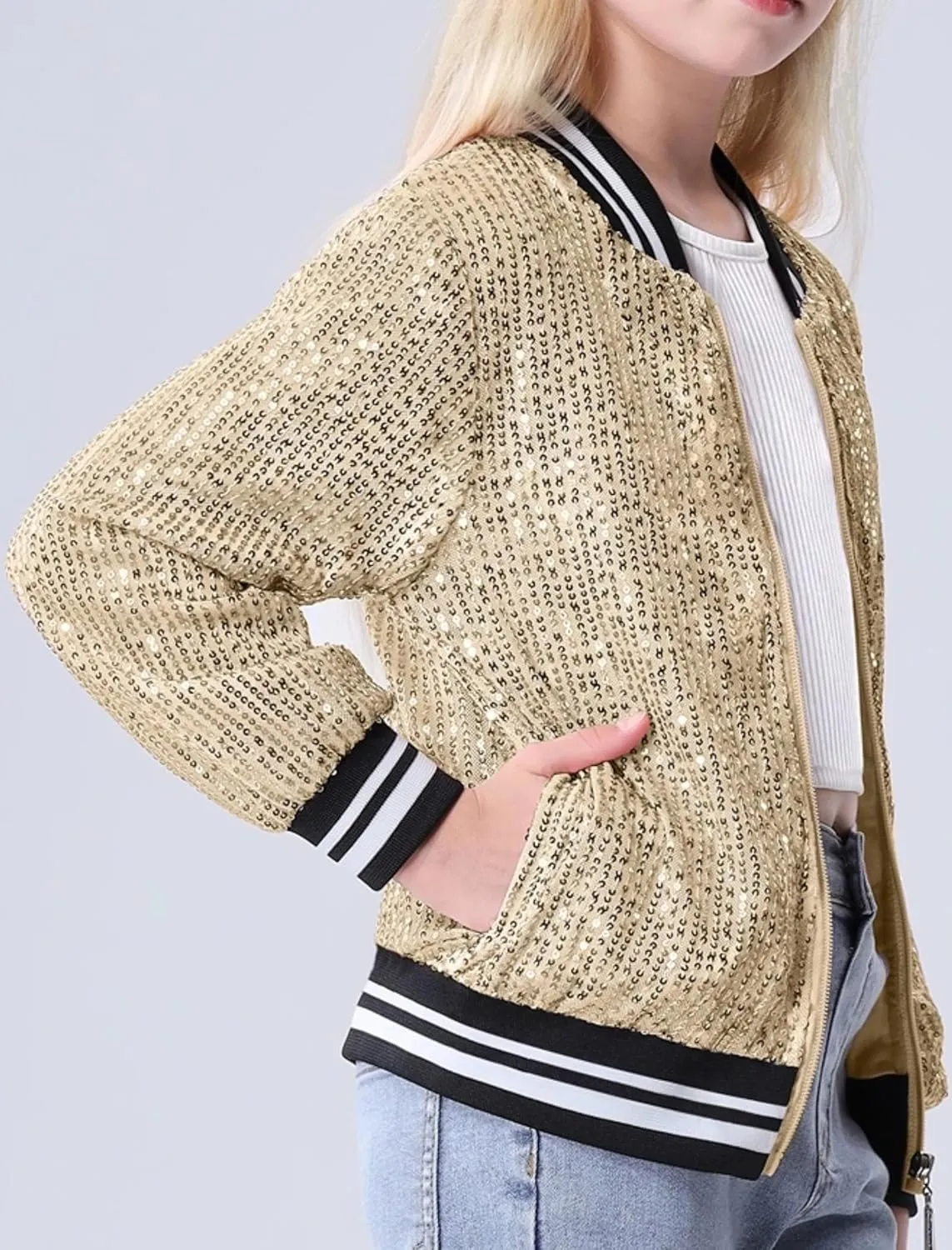 EXARUS Girls Sparkle Sequin Jacket with Pockets Glitter Lightweight Zipper Long Sleeve Bomber Jackets for Kid 6-12Y