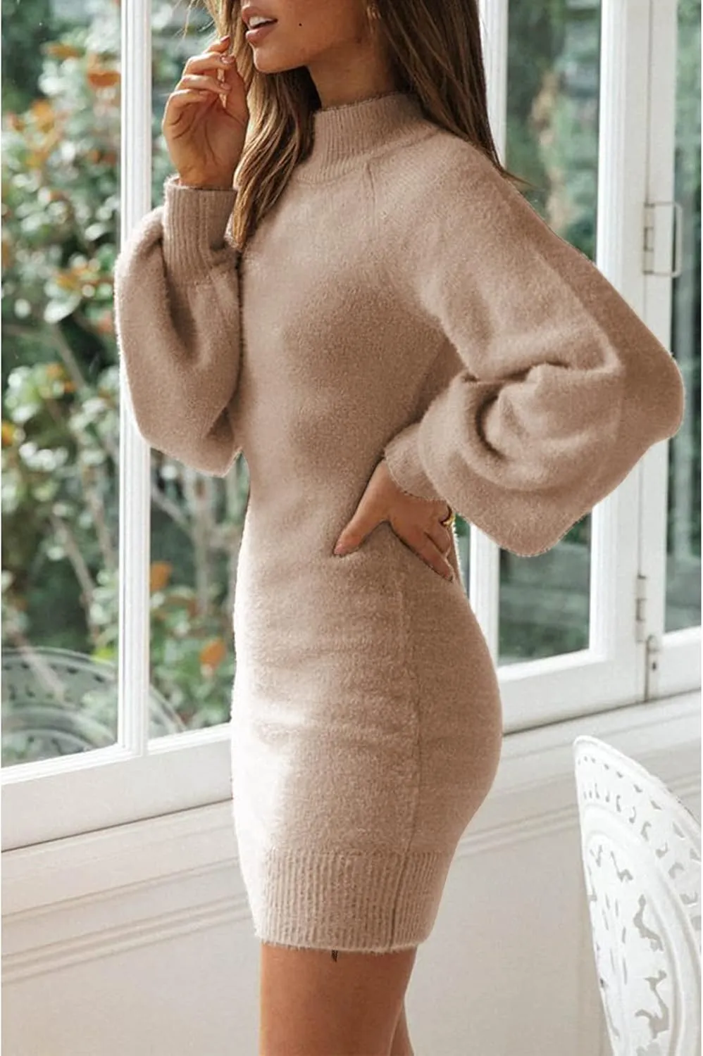 EXLURA Women's 2025 Mock Neck Ribbed Long Sleeve Bodycon Pullover Cute Mini Sweater Dress