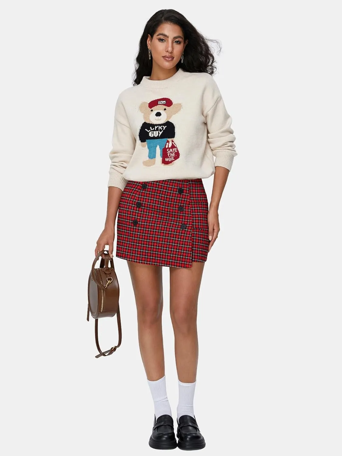EXLURA Womens Button Bodycon Mini Skirt Sexy Night Club High Waist Elastic Y2K Trendy Short Plaid Skirts