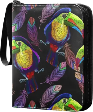 Exnundod Embroidery Birds Colorful Jungle Trading Card Binder for Cards, Card Album 4-Pockets for 400 Cards with Removable Sleeves PU Baseball Card Holder Football Sports Card Collection