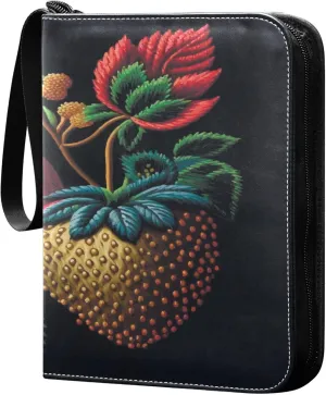 Exnundod Embroidery Strawberries Colorful Trading Card Binder for Cards, Unique Fruit Leaf Card Album 4-Pockets for 400 Cards with Removable Sleeves PU Baseball Card Holder Football Sports Card Colle