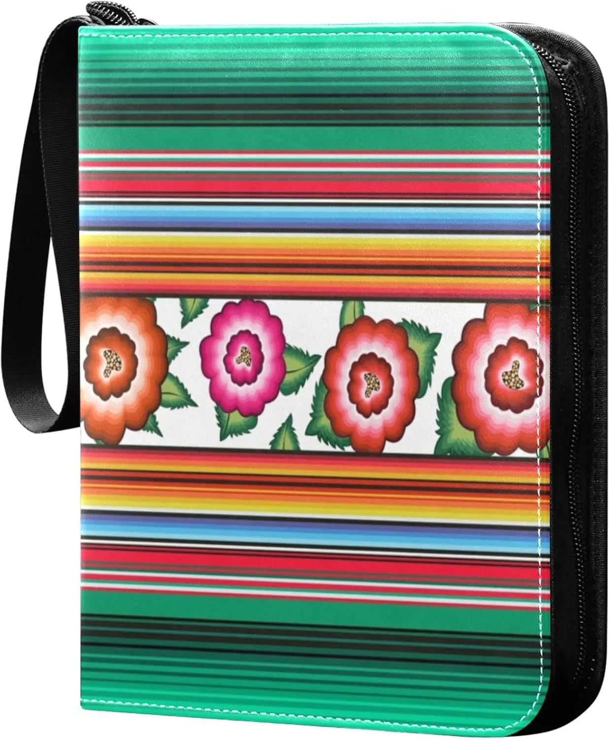 Exnundod Flower Embroidery Mexican Trading Card Binder for Cards, Stripe Flowers Colorful Card Album 4-Pockets for 400 Cards with Removable Sleeves PU Baseball Card Holder Football Sports Card Collec
