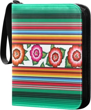 Exnundod Flower Embroidery Mexican Trading Card Binder for Cards, Stripe Flowers Colorful Card Album 4-Pockets for 400 Cards with Removable Sleeves PU Baseball Card Holder Football Sports Card Collec