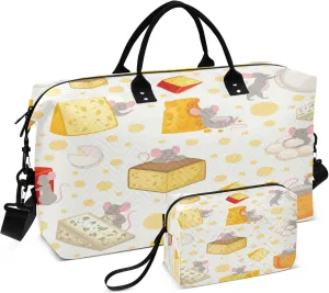 Exnundod Sliced Cheese and Mice Travel Duffel Bags for Women Sports Gym Bag Weekender Carry On Tote Overnight Luggage Duffle Bags