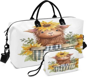 Exnundod Sunflowers Baby Highland Cow Travel Duffel Bags for Women Watercolor Sports Gym Bag Weekender Carry On Tote Overnight Luggage Duffle Bags