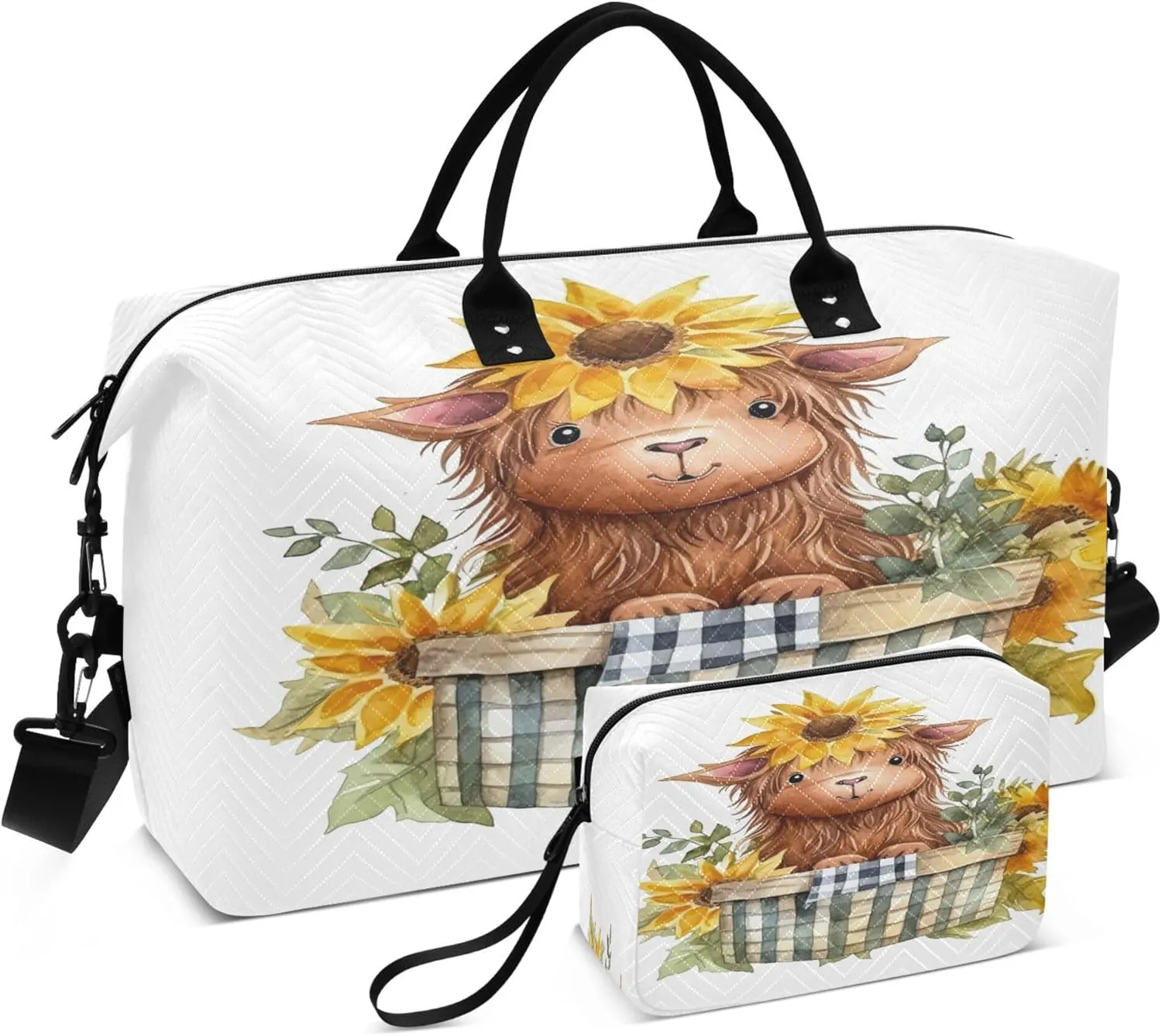 Exnundod Sunflowers Baby Highland Cow Travel Duffel Bags for Women Watercolor Sports Gym Bag Weekender Carry On Tote Overnight Luggage Duffle Bags