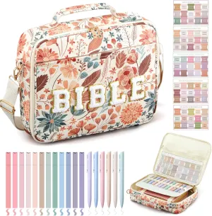 Extra Large Bible Cover Case Christian Bible Gift for Women 12.8 x 10.5" Chenille Letter PU Leather Bible Bag with Shoulder 5 Bible Tabs 6 Gel Pen 12 Highlighters Xmas Bible Study Supplies
