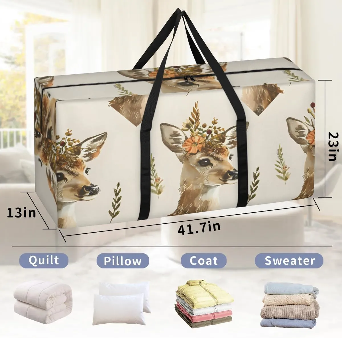 Extra Large Moving Bags Deer Floral Print Storage Bags with Handles and Zippers Large Packing Bags for Space Saving Storage Totes Moving Supplies