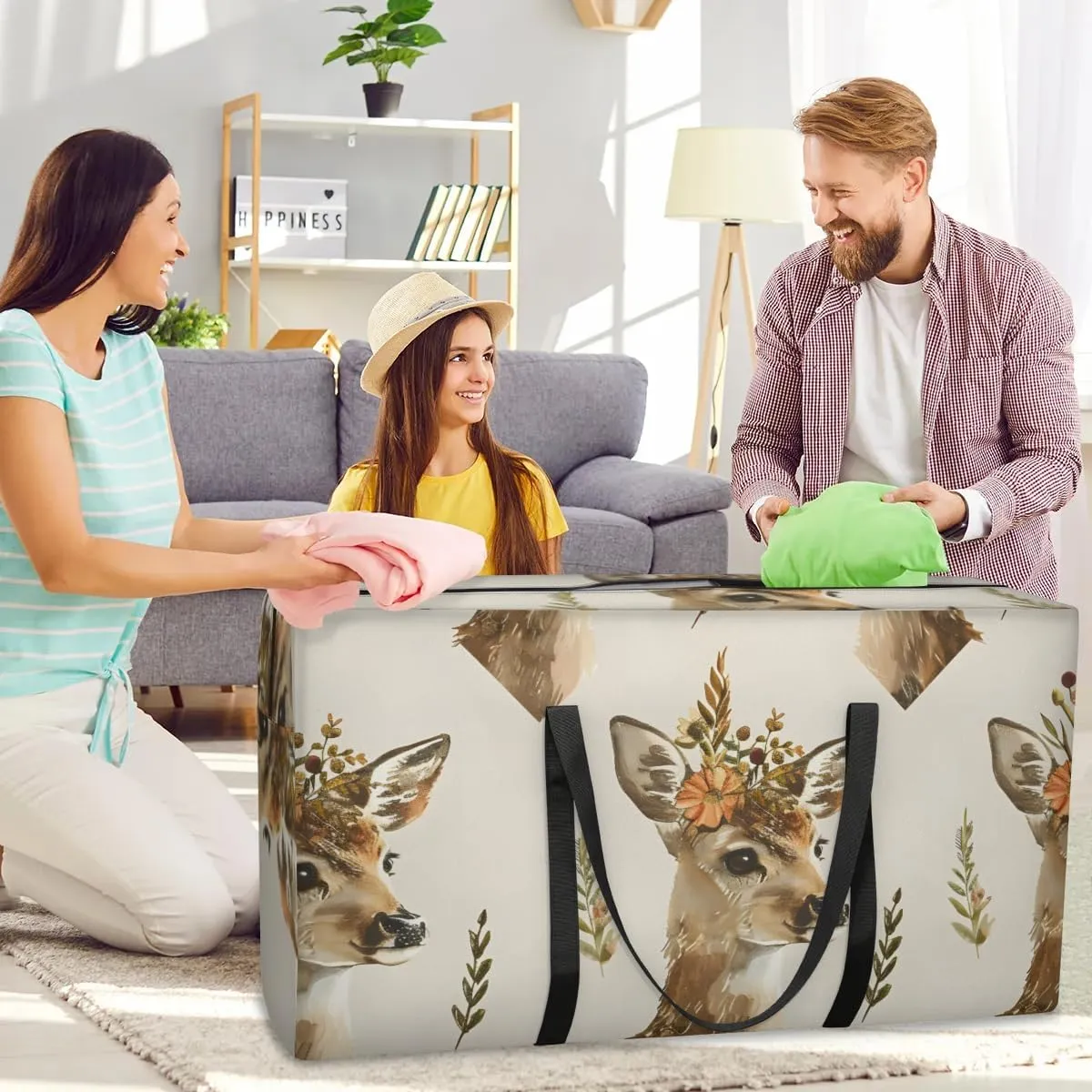 Extra Large Moving Bags Deer Floral Print Storage Bags with Handles and Zippers Large Packing Bags for Space Saving Storage Totes Moving Supplies