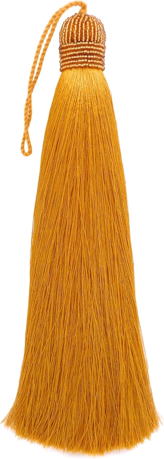 Extra Long Silky 10 Inch Tassel with Beaded Head and Hanging Loop for Home Furniture, Interior Décor, Craft Accessory, DIY (Gold)