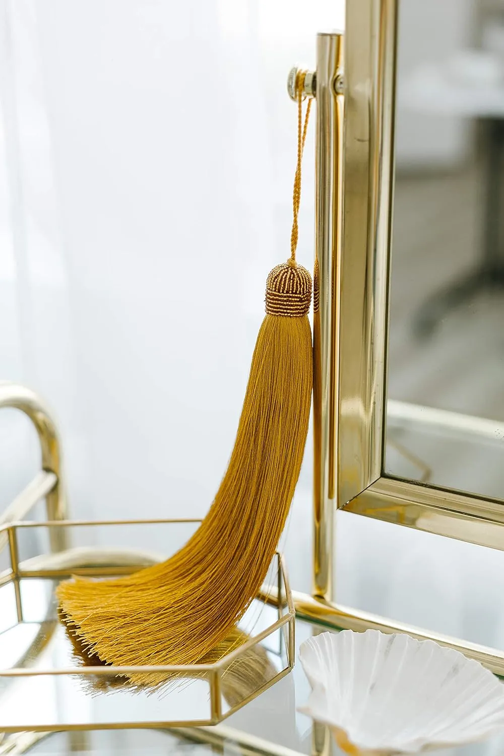 Extra Long Silky 10 Inch Tassel with Beaded Head and Hanging Loop for Home Furniture, Interior Décor, Craft Accessory, DIY (Gold)