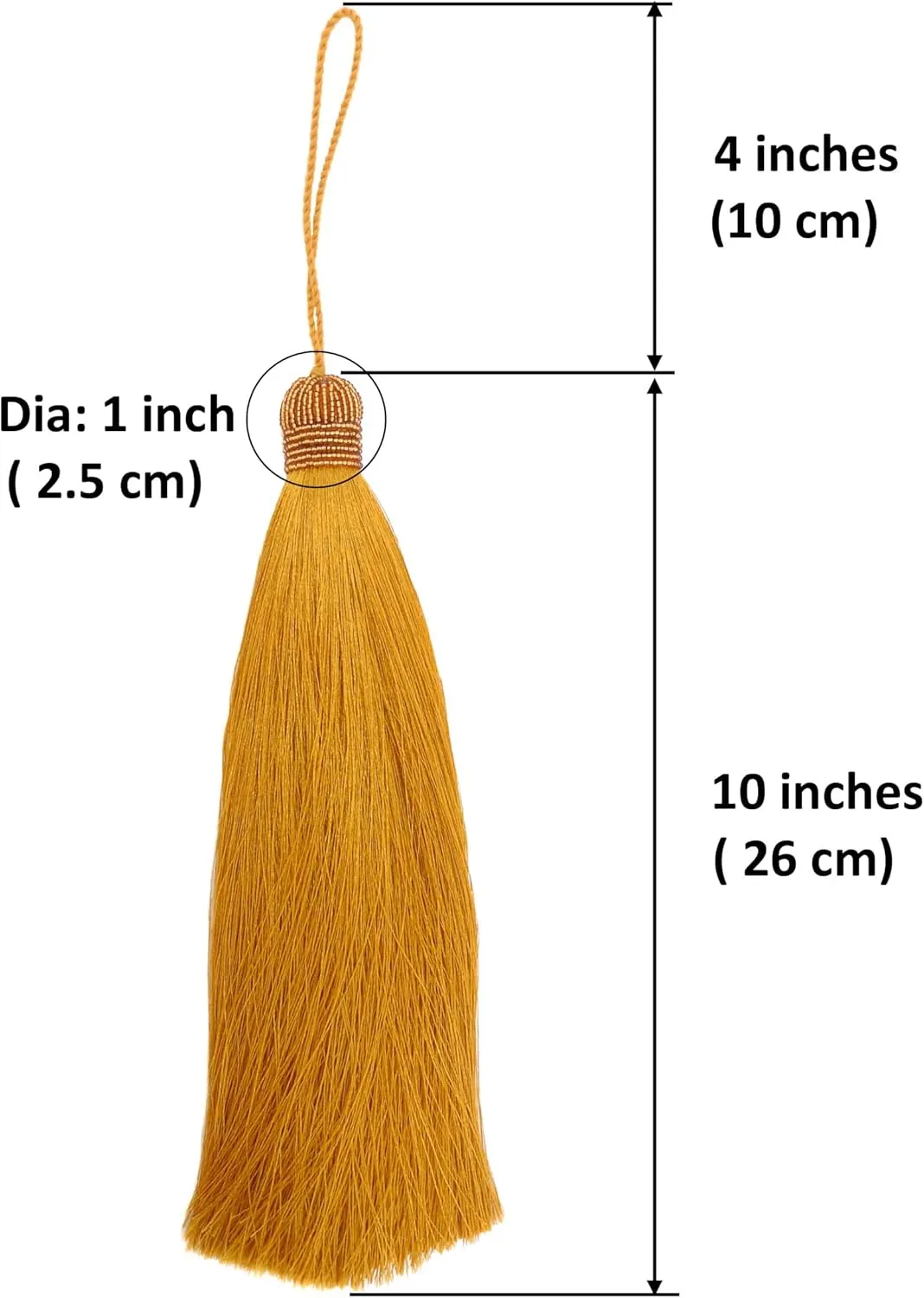 Extra Long Silky 10 Inch Tassel with Beaded Head and Hanging Loop for Home Furniture, Interior Décor, Craft Accessory, DIY (Gold)