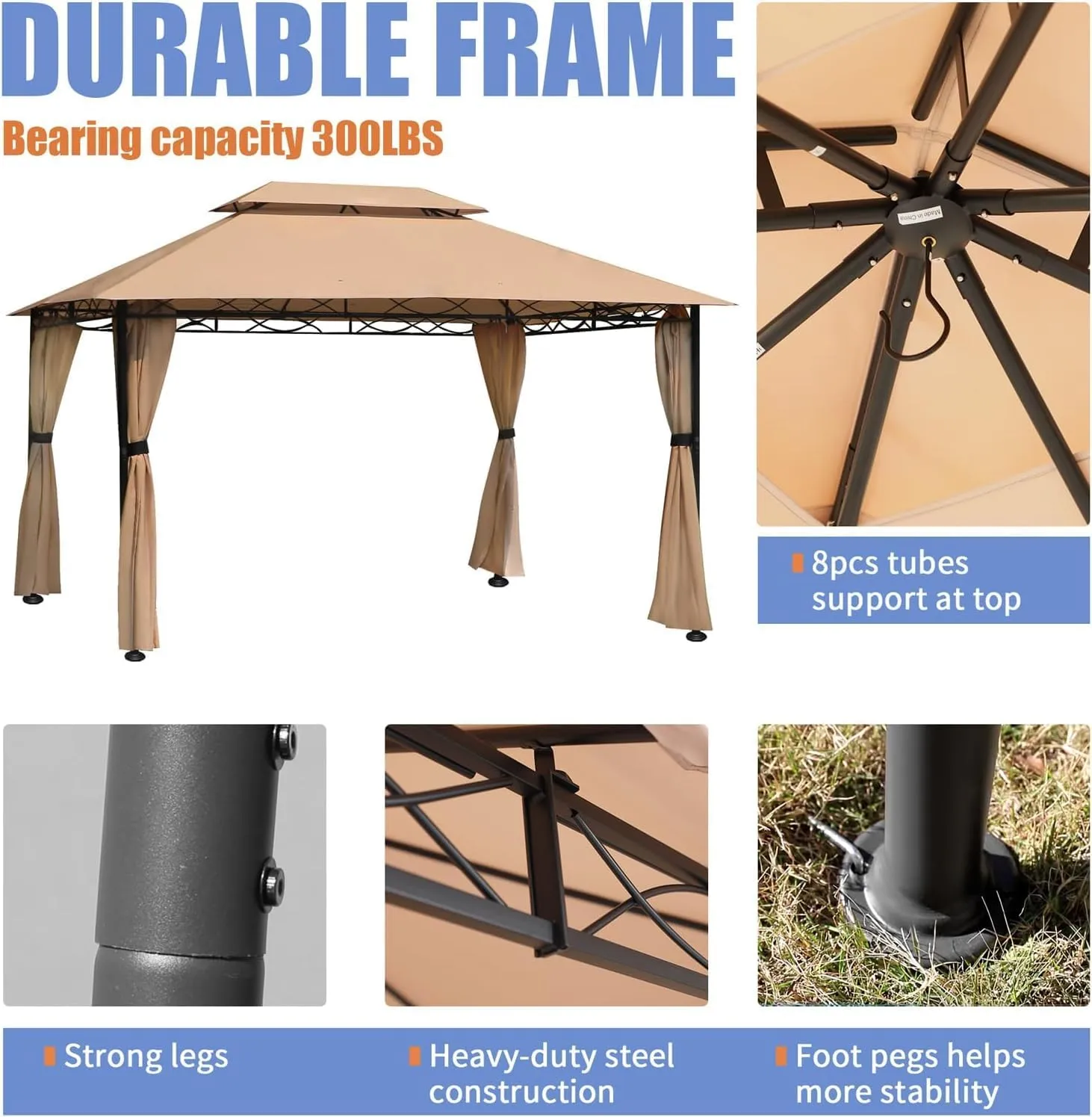 FAB BASED 10'x13' Gazebo for Patios, Double Vent Outdoor Canopy with Curtains & Sand Bag, Outside Patio Tent with Wavy Lines Decorative for Backyard (Khaki)